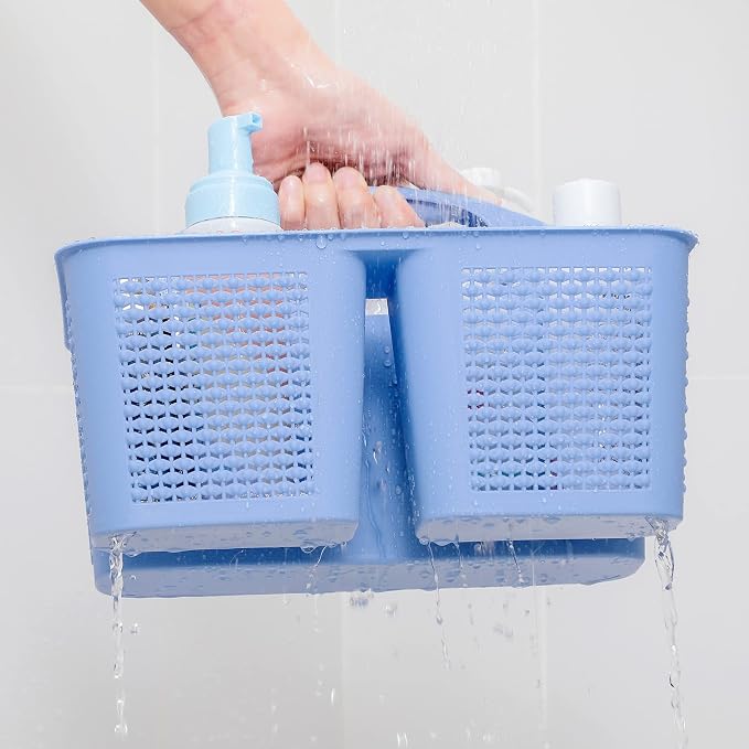 Plastic Portable Shower Caddy Basket with Handle, 3 Compartments, Dark Blue | Storage Organizer with Drain Holes, Sturdy and Durable For Bathroom, Kitchen, College Dorm, Sink, Camping
