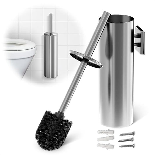 Silver Modern Toilet Brush and Holder Set with Wall Mount - Stainless Steel Toilet Brush with Holder - Removable Inner Bowl, Shiny Design, Splash Protection & Dense Bristles for Bathroom Cleaning