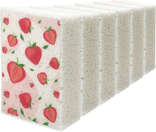 Scratch Scrub Sponge, 6 Kitchen Sponges for Cleaning Around the Home, Bathroom & More, Large Size Scratch-Free Dish Scrubber, Best for Nonstick Pots and Pans (4" x 6" x 1",Strawberry)