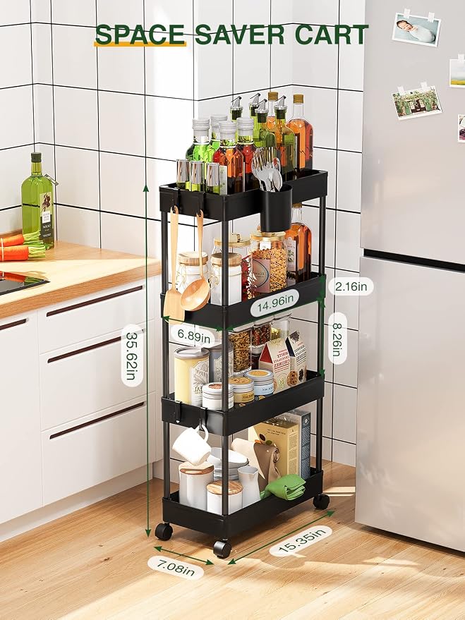 LEHOM Slim Rolling Storage Cart - 4 Tiers Bathroom Organizer Utility Cart | Slide Out Storage Shelves Mobile Shelving Unit for Kitchen, Bedroom, Office, Laundry Room, Small Narrow Spaces (7.1" W+Black)