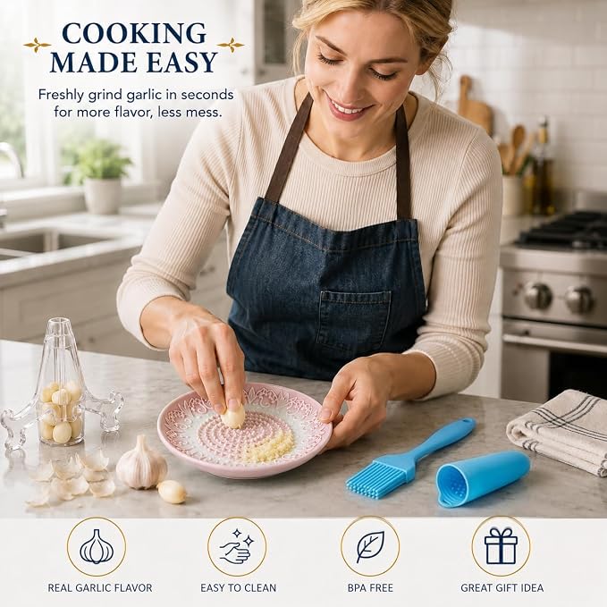 Ceramic Garlic Grater Plate Set with Rack & Cleaning Brush(Pink) | Textured ceramic surface grates garlic, ginger and tomatoes quickly; includes rack, brush and peeler for easy kitchen use