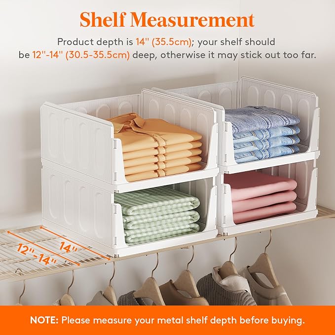Lifewit 8 Pack Stackable Closet Organizers and Storage Basket for Clothes, Plastic Sweater Storage Bins for Wardrobe, Stacking Clothing Containers for RV, Pantry, Shelf, Kitchen, Dorm, 14" Depth