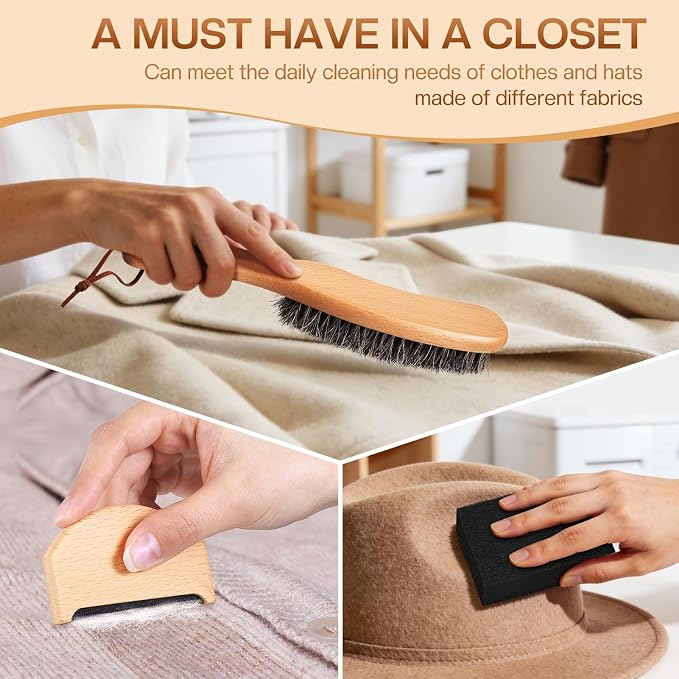 4 Pcs Horsehair Felt Hat Brush Kit with Cleaning Sponge Cowboy Clean Hat Wood Fedora Hat Cleaning Set Baseball Cap Lint Brush Remove Dust for Hair Furniture Suits Clothes(Style H)