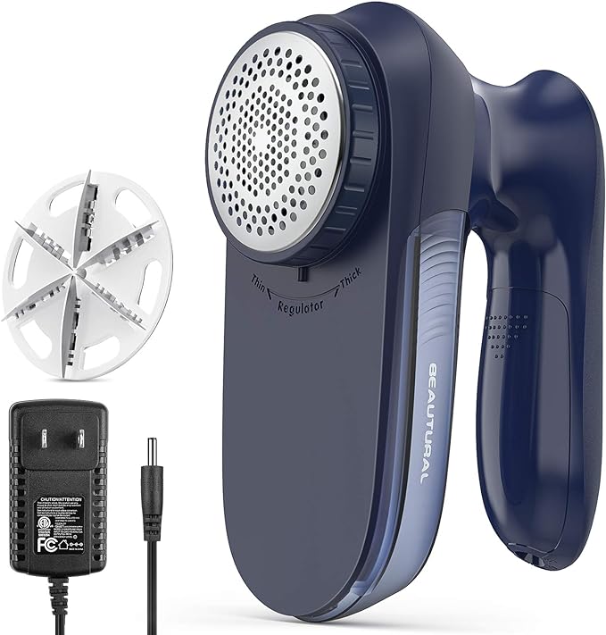 BEAUTURAL Fabric Shaver and Lint Remover, Portable Sweater Defuzzer | AC Adapter or Battery Powered, 2 Speeds, 1 Replaceable 6-Leaf Blade, Powerful & Efficient for Couch and Furniture