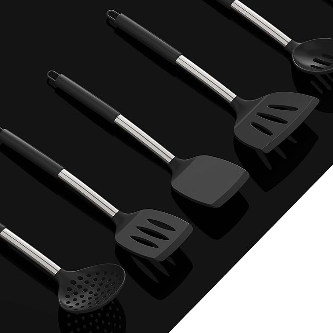 oannao Large Silicone Cooking Utensils Set - Heat Resistant Kitchen Utensils Sets,Spatula,Spoon,Turner Tongs,Whisk,Stainless Steel Cooking Utensil for Nonstick Cookware Dishwasher Safe (Black)