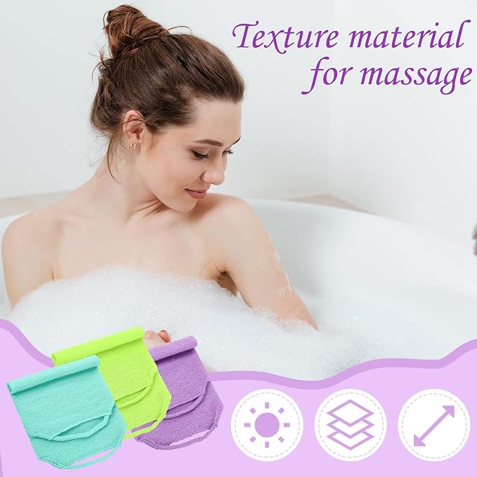 Moukeren Exfoliating Back Scrubber with Handles 4 Pack Nylon Back Exfoliator Extended Length Washers Scrubbers Stretchable Pull Strap Exfoliating Washcloth(Pink,Blue,Fluorescent Green,Purple)