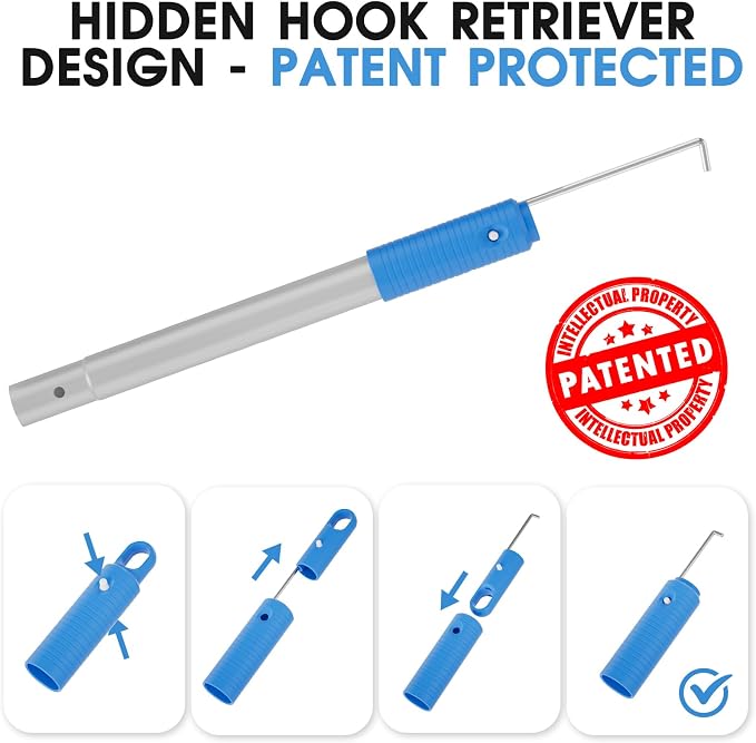 Upgraded Pool Brush with Pole - 20’’ 2-in-1 Heavy Duty Detachable Round Brush with Extra Side Brush for Cleaning Hard-to-Reach Corners, 9 FT Aluminum Extended Pool Pole with Hidden Hook Retriever