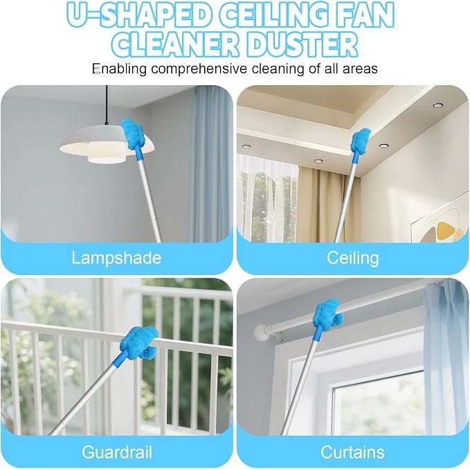 Eunice 13-50 Inches Ceiling Fan Duster with Extension Pole | Extendable Microfiber Cleaning Brush for High Ceiling, Blades, Cobwebs, Adjustable Dusting Tool for Window, Door(U shaped)