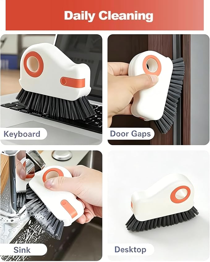 2-in-1 Groove Cleaning Brush with Hidden Scraper, Hard Bristle Crevice Cleaning Tool for Sliding Door Track, Window Sill, Window Seal, Tile Gaps, Kitchen & Bathroom Corners (Orange)