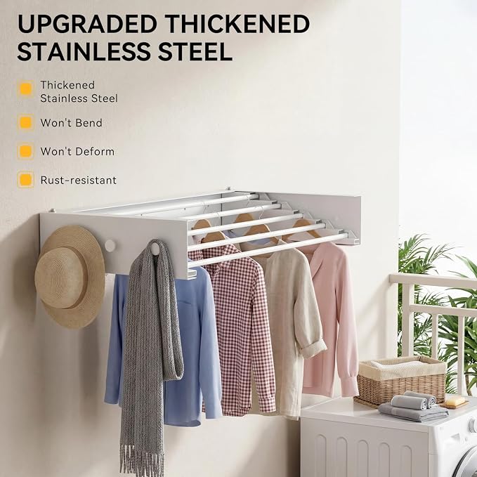 Collapsible Laundry Drying Rack Wall Mounted - 31.5 Inch Metal Clothing Drying Rack with 6 Hooks, Retractable Foldable Dry Racks for Laundry Drying Indoor, Heavy Duty Towel & Coat Hanger
