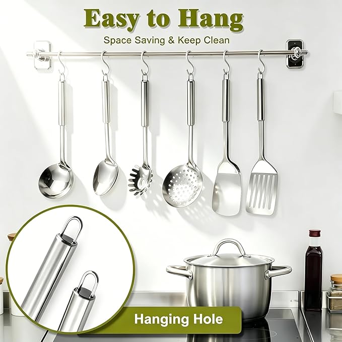 Stainless Steel Kitchen Utensils Set - 12pcs Cooking Utensils Set with Holder, Heat Resistant Kitchen Tool Set for Cooking with Turners, Potato Masher, Spatula, Spoons, Tongs, Whisk