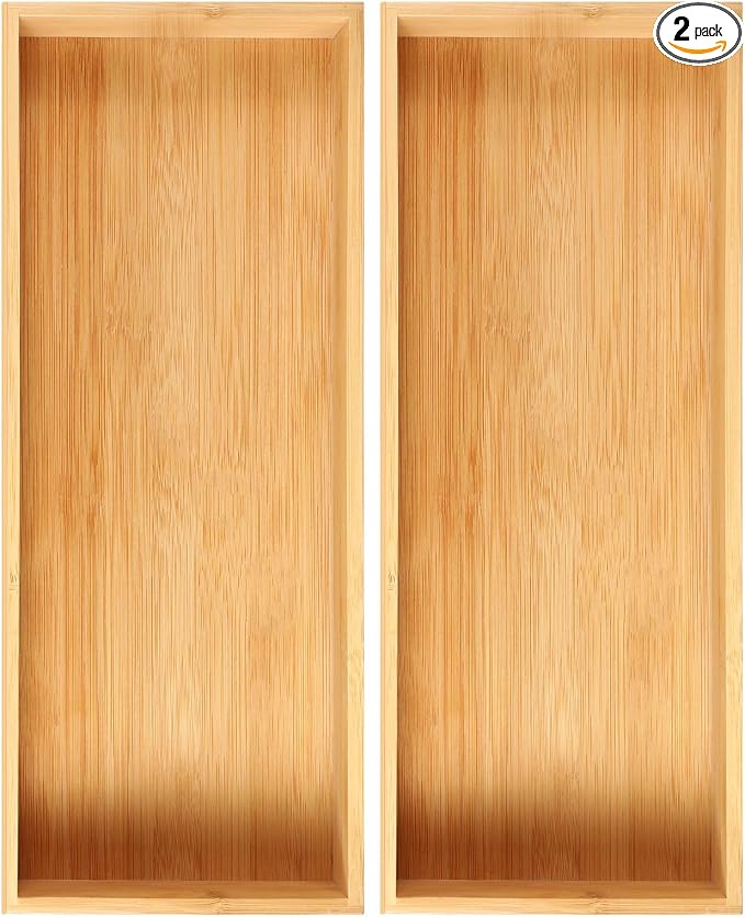 Fabsome Kitchen Utensil Drawer Organizer, Bamboo Silverware Cutlery Flatware Organizer Bins, Wooden Container Storage Trays for Bathroom Vanity Junk Drawer, 15" x 6" Set of 2