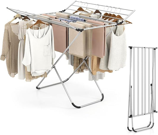 Giantex Foldable Clothes Drying Rack, Freestanding Aluminum Laundry Drying Rack with 2 Side Wings, Portable Space-Saving Clothing Airer for Indoor Outdoor Use