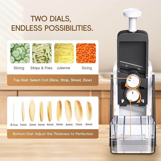 Vegetable Slicer for Kitchen, Safe Mandoline Slicer, Adjustable Veggie Potato French Fry Cutter, Wider Tray & Stainless Steel Grater & Filter Basket & Lid & Cleaning Brush (Gray Pro)
