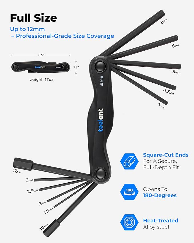 toolant 11PCS Long Arm Folding Allen Wrench Set, Metric Hex Key Set 1.5mm-12mm, Extended Reach Allen Key Set with 4 Inch Long Arms, CRV Steel Foldable Hex Wrench Tool for Bike Repair, Home & DIY