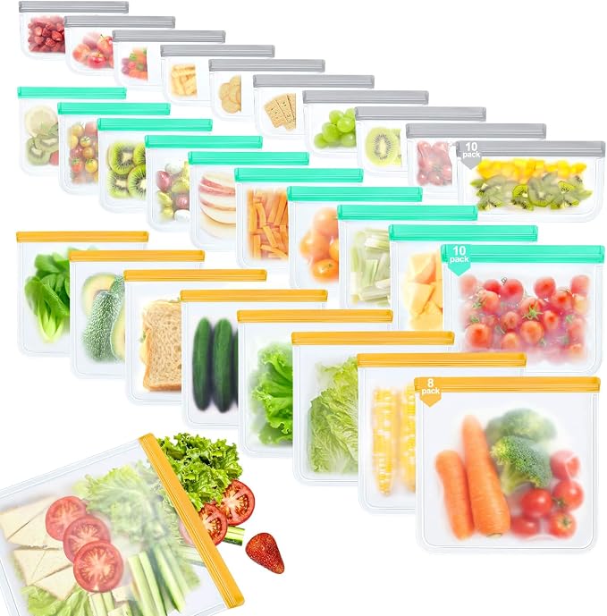 28 Pack Reusable Freezer Bags Food Storage Bags, BPA Free Reusable Bags, Food Storage Containers for Meal Prep Containers, Salad Fruit,Vegetables, Dishwasher Safe, 8 Gallon 10 Sandwich 10 Snack