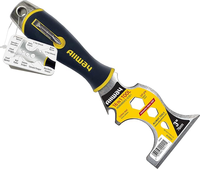 ALLWAY DSXG16 16-in-1 Painter's Multi Tool with 2 Screwdriver Bits | Soft-Grip Handle, Built-in Hammer End