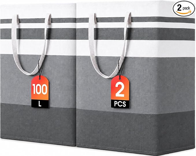 BOOMIBOO 2 Pack Large Laundry Basket,Waterproof Freestanding Laundry Hamper,Collapsible Clothes Basket with Easy Carry Handles in Laundry Room Bathroom Bedroom Dorm,Gradient Grey,100L