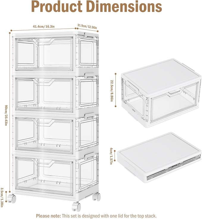 Kmiectse Clear Storage Bins with Lids - 4 Tier 28qt Plastic Stackable Bins | Clear Storage Bins with Lids - 4 Tier Plastic Bins with Wheels, Stackable Storage Bins, Closet Organizers Box