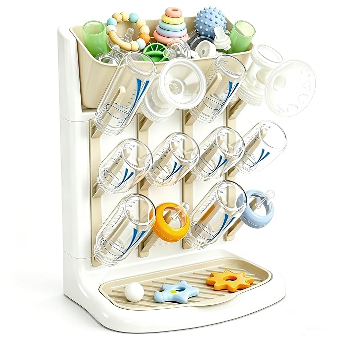 GoMaihe Baby Bottle Drying Rack: Space Saving Vertical Bottle Dryer Holder | Baby Accessories Storage Stand Organize Brushes Pacifiers on Countertop - BPA-Free - Beige