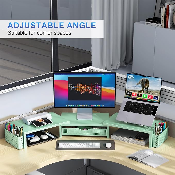 gianotter Dual Monitor Stand Riser, Desk Organizer With Drawer and 2 Pen Holders, Computer Monitor Stand, Desk Shelf for Top of Desk (Sage Green)