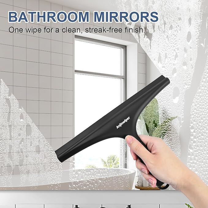 Shower Squeegee for Glass Doors, 10 Inch Bathroom Squeegee for Shower Glass | Silicone Glass Squeegee for Tile Shower Walls, Windows, Mirror, Car Cleaning - Ergonomic Streak free Squeegees, Adhesive Hook