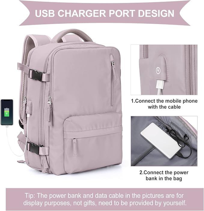 WONHOX Large Travel Backpack Women, Carry On Backpack, Hiking Backpack Waterproof Outdoor Sports Rucksack Casual Daypack with USB Charging Port Shoes Compartment, Lotus Pink