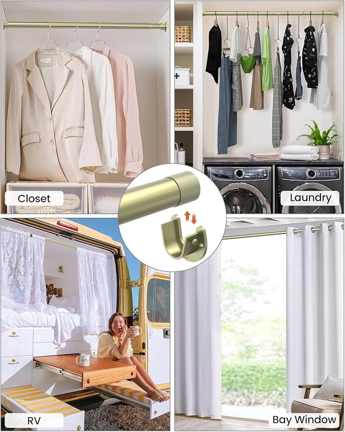 Supforce Closet Rods for Hanging Clothes, 17 to 69 Inches Stepless Adjustable Metal Closet Rod, 1.3 Inches Heavy Duty Clothes Hanging Rod for Closet Wardrobes Laundry RV, Verdant Gold