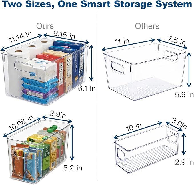 MOONEDGE 10 Pack Clear Plastic Storage Organizer Bins, 4 Large & 6 Narrow | Under-Sink Storage Containers, Kitchen, Pantry, Bathroom, Cabinet Organization, Clear Bins for Organizing, Deep Narrow Bins