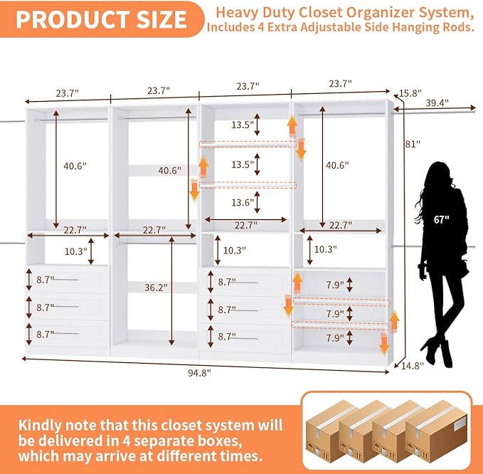 Closet System with 4 Sets, 8–21 FT Closet System with 6 Drawers, 9 Shelves & 8 Hanging Rods, Heavy Duty Closet Organizer System for Walk in Closets, Modular Custom Wood Closet Kit, White