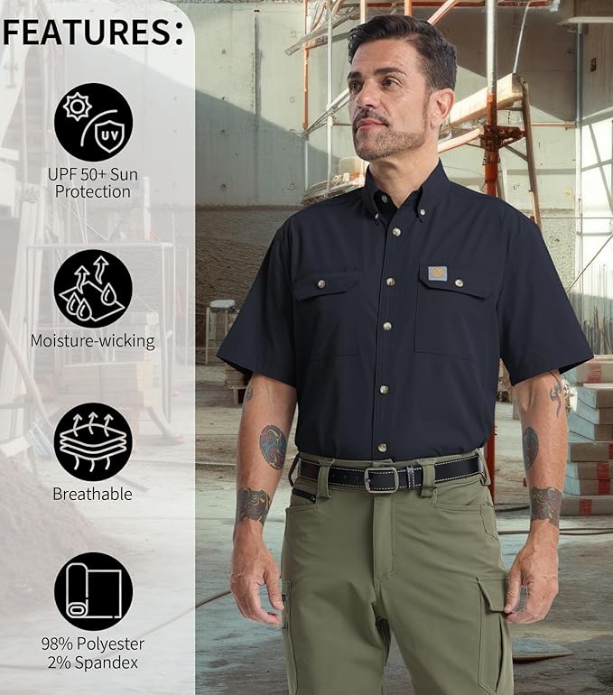 Mens Regular Fit Work Utility Shirt Midweight Short Sleeve Work Wear | Midweight stretch work shirt with reflective trim, 2 secure chest pockets, moisture-wicking comfort, easy-care fabric