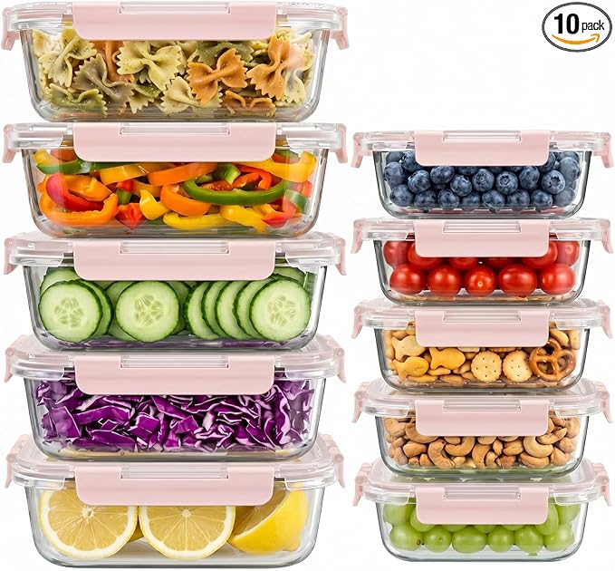 Dealusy 10 Sets (20-Piece) 36 oz & 12 oz Glass Food Storage Containers with lids, Airtight Leak-proof Glass Meal Prep Containers with Lids, Microwave Oven Freezer Dishwasher Safe, Pink
