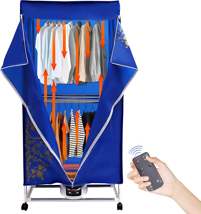 Portable Clothes Dryer 1200-1500W Electric Clothes Drying with Remote Control, Folding Wardrobe Drying Machine for Home, Dormitory, Hotel, Timing Function, 3 Gears Adjustment