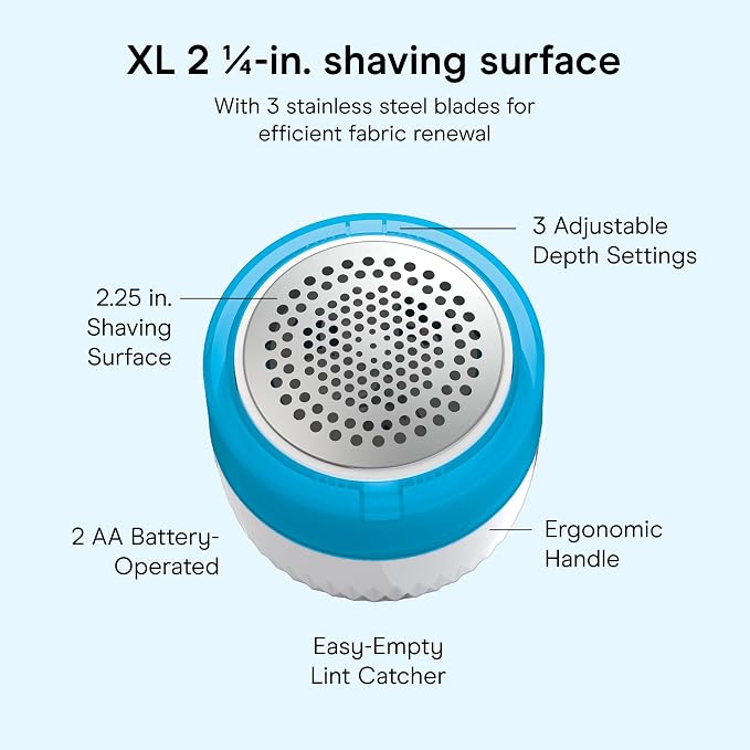 Conair Electric Fabric Shaver & Lint Remover, Cordless, 2.25" Surface | Extra-large lint shaver depills and removes fuzz from all fabrics, stainless steel blades, 3 adjustable depth settings