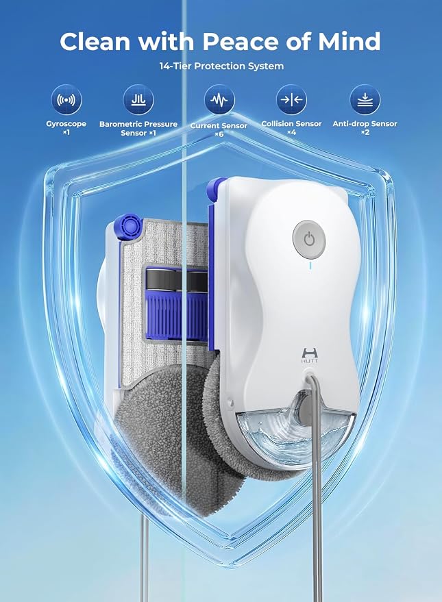 HUTT Window Cleaning Robot, 6500Pa Strong Suction Robot Window Cleaner with World-First Round-Square Dual-Stage Cleaning, Ultrasonic Dual Spray, Edge Cleaning & Corner Coverag, 30Min Backup Protection