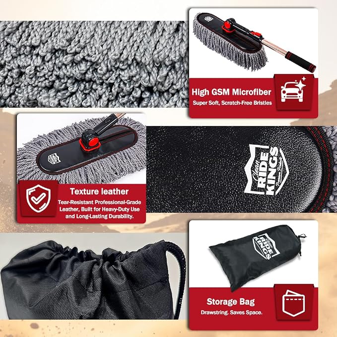 Extendable Exterior Car Duster - Washable Microfiber | Lightweight sweeper for fast dirt removal. Reusable & easy to clean. Storage bag included. Fits auto, RV, truck, motorcycle.