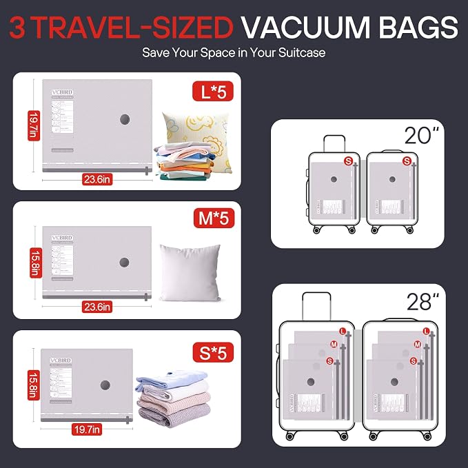 VMstr 15-Pack Vacuum Seal Bags for Clothing Travel, Carry-on Size for Luggage Compression Packing, Space Bags with Plug-in Electric Pump