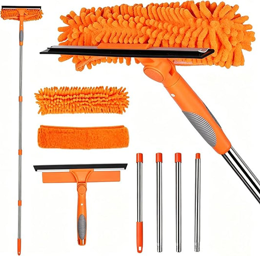 68'' Window Squeegee Cleaner Kit - 2-in-1 Rotatable Window Cleaning Tool with Extension Pole, Professional Streak-Free Squeegee with Bendable Head for Indoor/Outdoor Windows Car Glass (Orange)