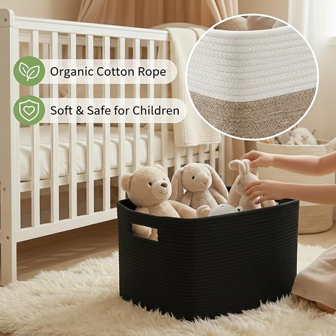 JMvicyroam 96L Large Woven Cotton Rope Blanket Basket, Black | Blanket storage for living room or bedroom use, Freestanding with reinforced handles, Entire basket is machine washable