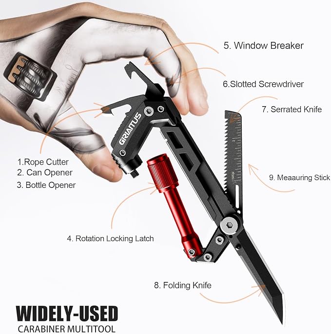 Carabiner Multitool with Pocket Knives, EDC Carabiners, for Camping Hiking | Serrated Knife, Rope Cutter, Screwdriver, Can Bottle Opener, Ruler, Keychain Knife , Gifts for Women (Red)