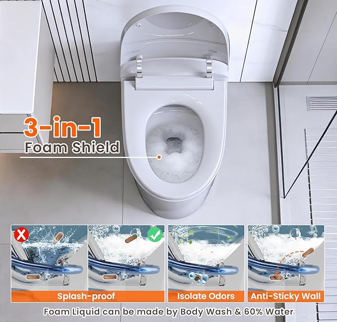 Smart Bidet Toilet with Tank, One Piece Elongated Heated Toilet with Auto Open/Close Lid, Foam Shield, Auto Flush, Foot Sensor, Self-Cleaning Nozzle, Anti-Splash Water-Saving Modern Bathroom Toilet