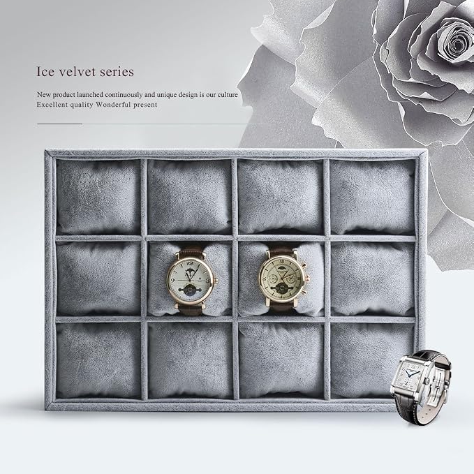 Oirlv Velvet Watch Bracelet Tray,Organizer for Drawer,12 Grids with Pillow | Stackable Design,Soft Velvet Pillow Protect Watches, Bracelets and Bangles, Ideal for Showcase Jewelry Display & Daily Use