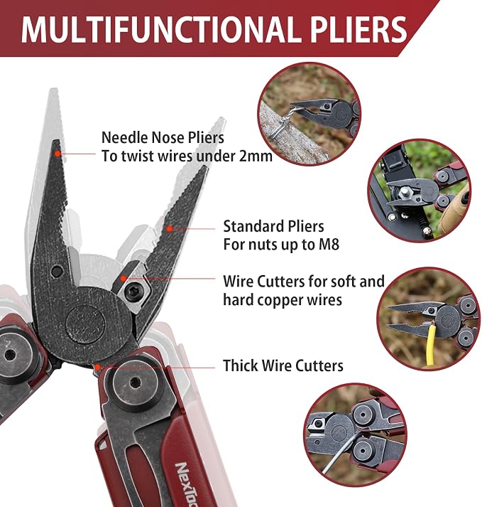 NexTool Flagship Pro Multitool Pliers with Full-size Scissors (Red) | 16-in-1 Multi-tool, Safety Locking, Replaceable YG8 wire cutters, Tool for Camping, Survival, Fishing, Repair, Gifts for Men