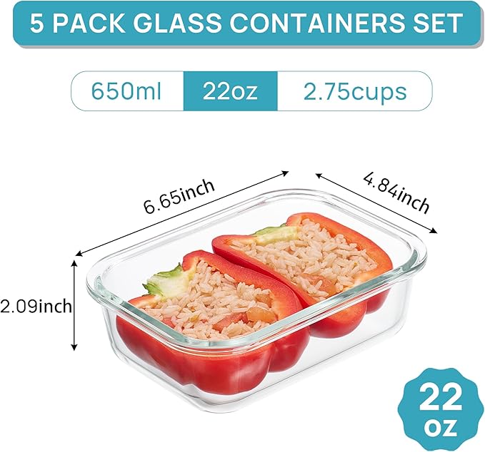 Vtopmart 5Pack 22oz Glass Storage Containers with Lids, Glass Meal Prep Food Container Sets with Snap Airtight Lid for Microwave, Oven, Freezer and Dishwasher, Pink