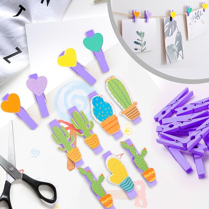 50PCS Colored Wooden Clothespins 2.9 Inch Color Clothes Pins for Pictures | Colorful Close Pins Wood for Photos Classroom School Decoration Craft Cheer, Purple