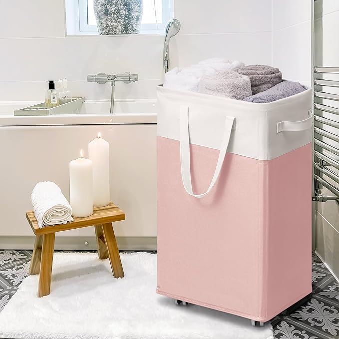 Goodpick 2-Pack Laundry Hamper with Wheels, Dorm Essentials for Girls,75L | Laundry Hamper with Wheels, Collapsible Laundry Basket, Rolling Laundry Hamper with Handle for College Dorm, Pink & White