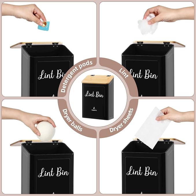 SUBEKYU Magnetic Lint Bin for Laundry Room Organization and Storage,Black | Wall Mounted Metal Lint Box Holder Trash Can with Bamboo Lid for Dryer,Lint Basket for Laundry Room Decor
