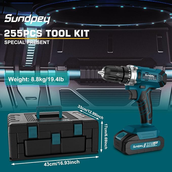 Sundpey 255-PC Portable Home and Auto Tool Kit Set with 21V Cordless Drill | with Drawer Storage Case, 2x2.0Ah Batteries,Mechanic Set, for Handyman & Men Women, for Household House Garage Apartment Dorm