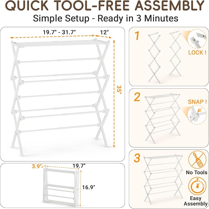 Collapsible Laundry Drying Rack for Small Spaces, White | Folds to 3.9" flat, holds 35 lbs, carbon steel reinforced joints, 19.7"-31.7"W, indoor & outdoor