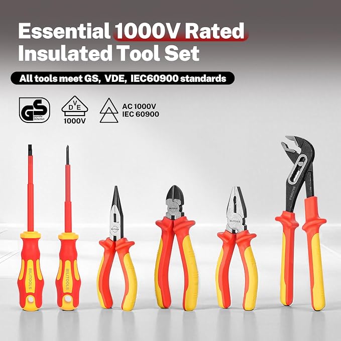 BILITOOLS 12-Piece 1000V VDE Insulated Screwdriver and Pliers Set | Magnetic Slotted and Phillips Tips, Insulated Long Nose, Combination, Diagonal and Water Pump Pliers, Voltage Tester
